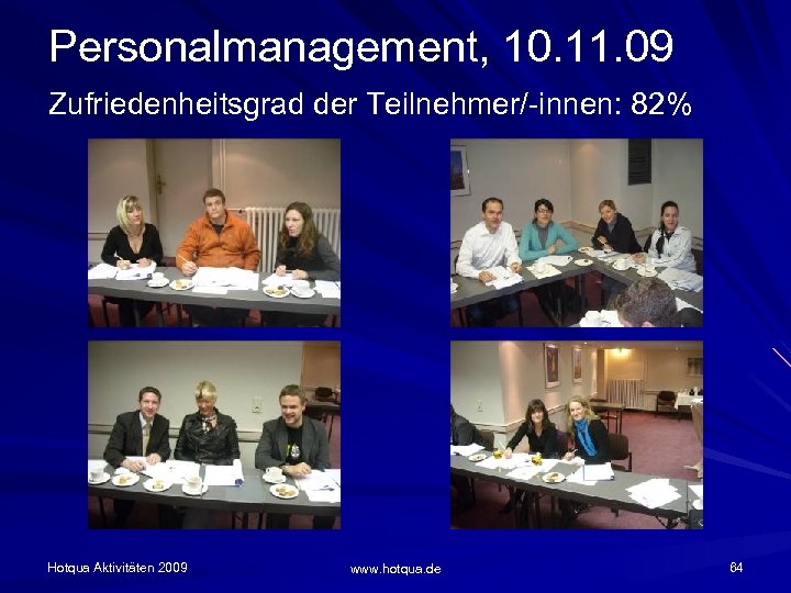 Personalmanagement, 10. 11. 09 Zufriedenheitsgrad der Teilnehmer/-innen: 82% Hotqua Aktivitäten 2009 www. hotqua. de