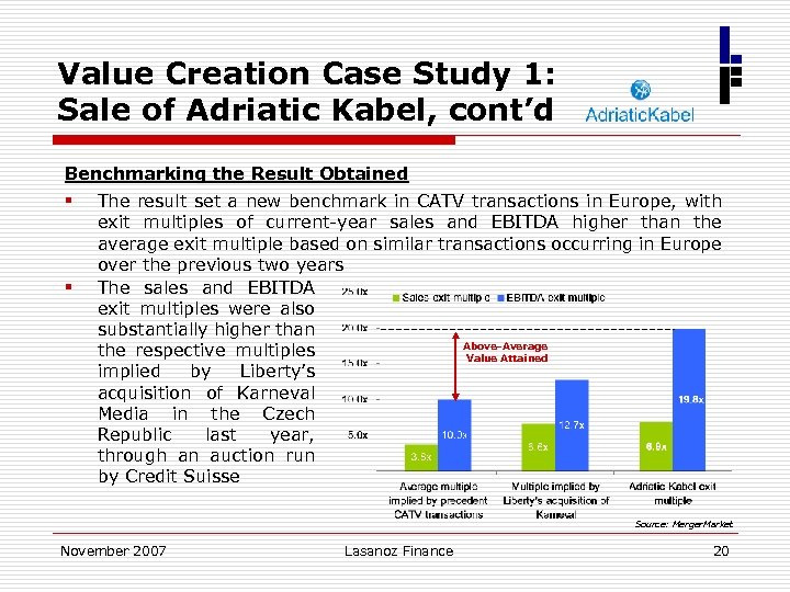 Value Creation Case Study 1: Sale of Adriatic Kabel, cont’d Benchmarking the Result Obtained