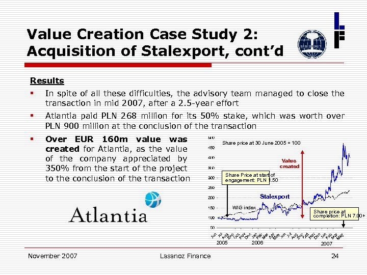 Value Creation Case Study 2: Acquisition of Stalexport, cont’d Results § In spite of