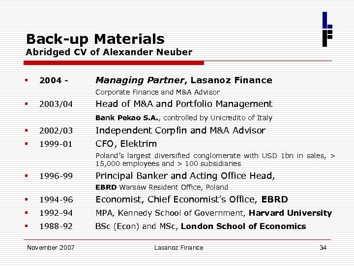 Back-up Materials Abridged CV of Alexander Neuber § 2004 - Managing Partner, Lasanoz Finance