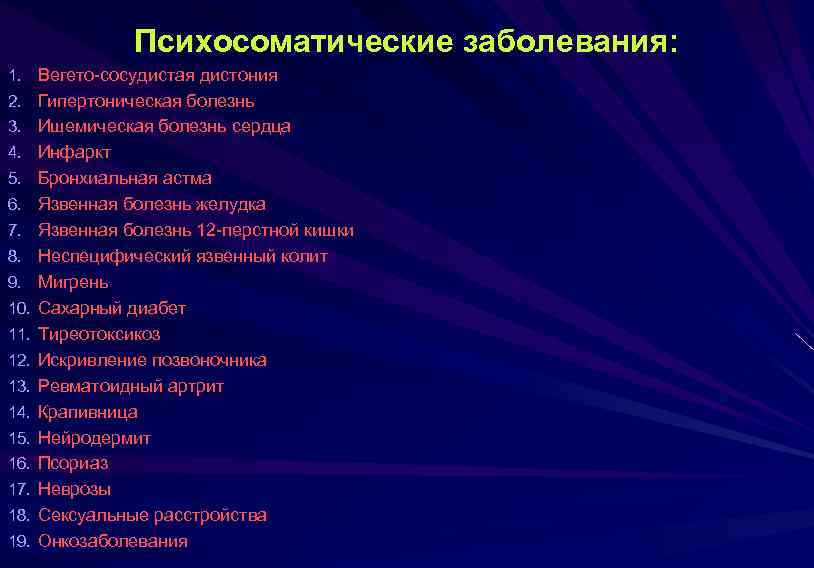  Психосоматические заболевания: 1. Вегето сосудистая дистония 2. Гипертоническая болезнь 3. Ишемическая болезнь сердца