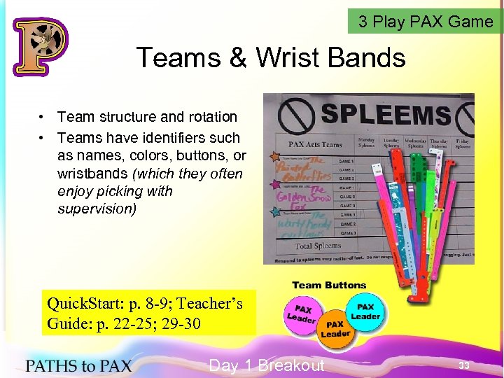3 Play PAX Game Teams & Wrist Bands • Team structure and rotation •