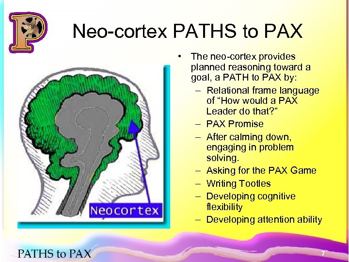 Neo-cortex PATHS to PAX • The neo-cortex provides planned reasoning toward a goal, a