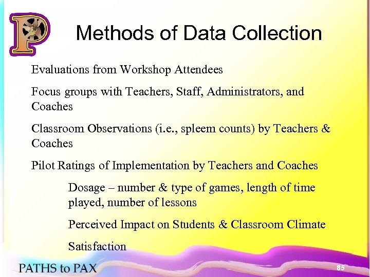 Methods of Data Collection Evaluations from Workshop Attendees Focus groups with Teachers, Staff, Administrators,