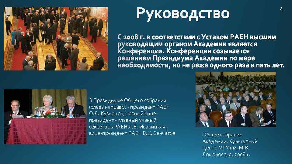 Руководство С 2008 г. в соответствии с Уставом РАЕН высшим руководящим органом Академии является