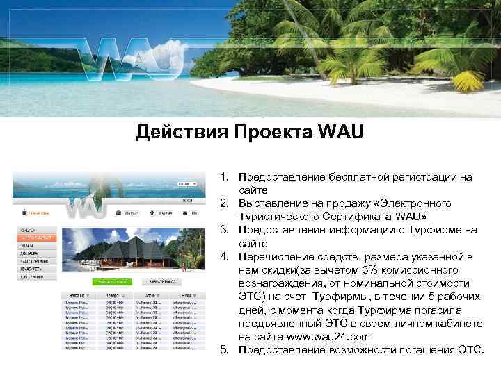 Действия Проекта WAU 1. Предоставление бесплатной регистрации на сайте 2. Выставление на продажу «Электронного