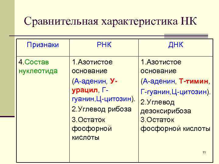 Сравнительная характеристика НК Признаки 4. Состав нуклеотида РНК ДНК 1. Азотистое основание (А-аденин, Уурацил,