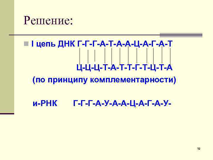 Решение: n I цепь ДНК Г-Г-Г-А-Т-А-А-Ц-А-Г-А-Т Ц-Ц-Ц-Т-А-Т-Т-Г-Т-Ц-Т-А (по принципу комплементарности) и-РНК Г-Г-Г-А-У-А-А-Ц-А-Г-А-У- 19 