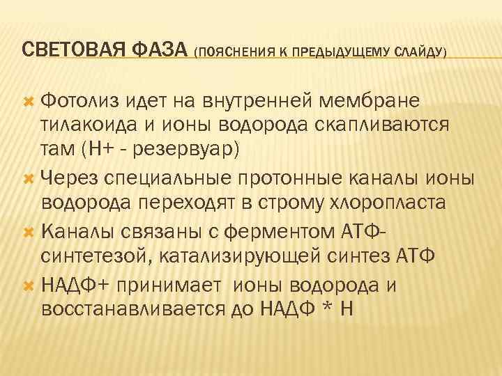 СВЕТОВАЯ ФАЗА (ПОЯСНЕНИЯ К ПРЕДЫДУЩЕМУ СЛАЙДУ) Фотолиз идет на внутренней мембране тилакоида и ионы