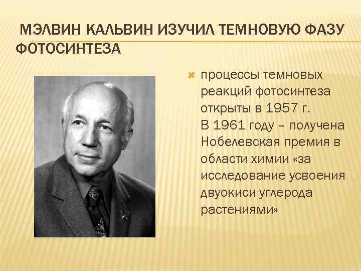 МЭЛВИН КАЛЬВИН ИЗУЧИЛ ТЕМНОВУЮ ФАЗУ ФОТОСИНТЕЗА процессы темновых реакций фотосинтеза открыты в 1957 г.