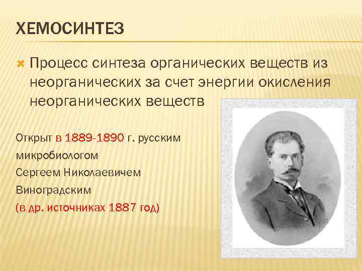 ХЕМОСИНТЕЗ Процесс синтеза органических веществ из неорганических за счет энергии окисления неорганических веществ Открыт