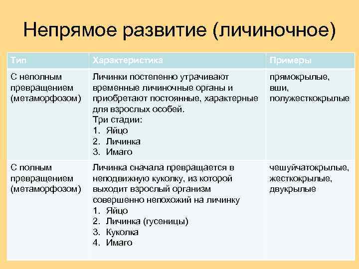 Непрямое развитие (личиночное) Тип Характеристика Примеры С неполным превращением (метаморфозом) Личинки постепенно утрачивают прямокрылые,