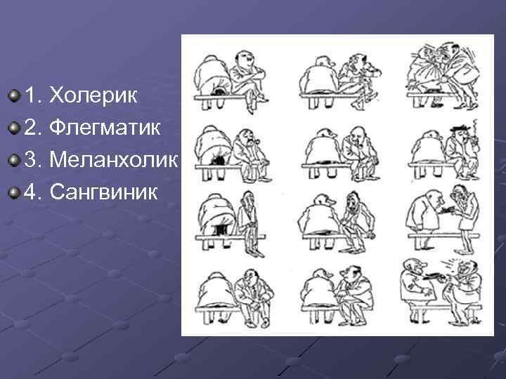 1. Холерик 2. Флегматик 3. Меланхолик 4. Сангвиник 