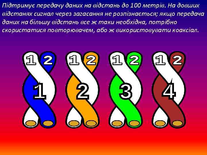 Підтримує передачу даних на відстань до 100 метрів. На довших відстанях сигнал через загасання