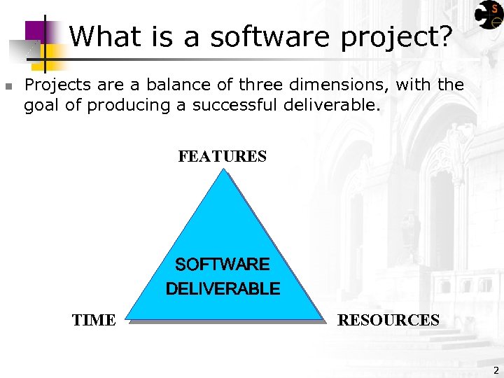 What is a software project? n Projects are a balance of three dimensions, with