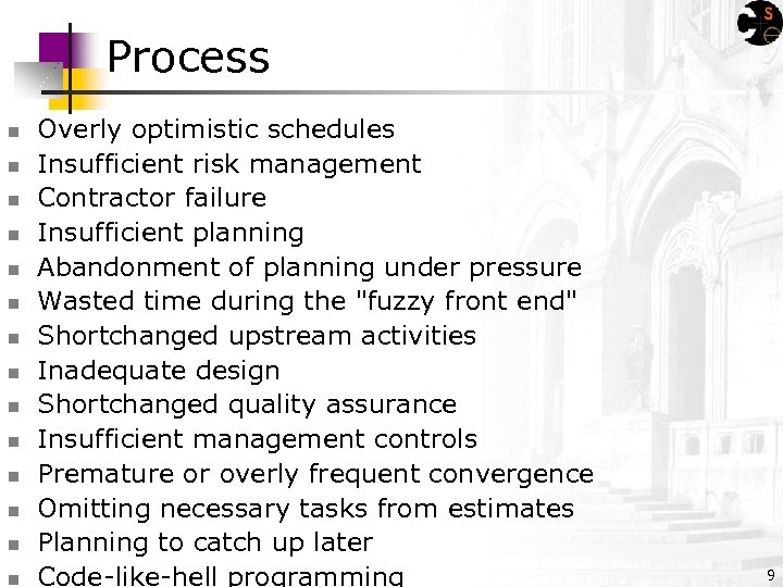 Process n n n n Overly optimistic schedules Insufficient risk management Contractor failure Insufficient