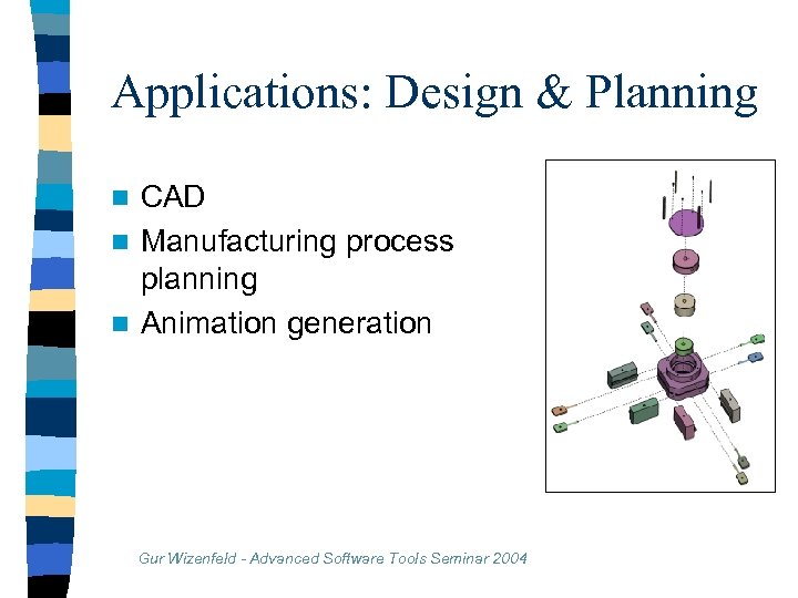 Applications: Design & Planning CAD n Manufacturing process planning n Animation generation n Gur
