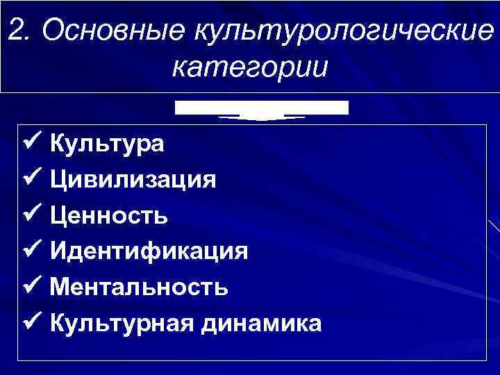 2. Основные культурологические категории Культура Цивилизация Ценность Идентификация Ментальность Культурная динамика 