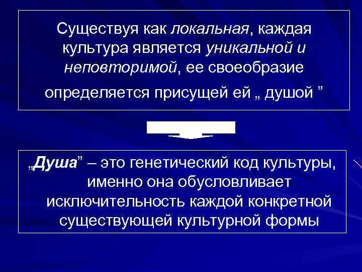 Существуя как локальная, каждая культура является уникальной и неповторимой, ее своеобразие определяется присущей ей