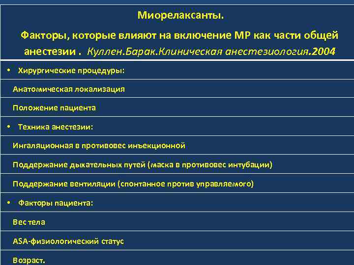  Миорелаксанты. . Факторы, которые влияют на включение МР как части общей анестезии. Куллен.