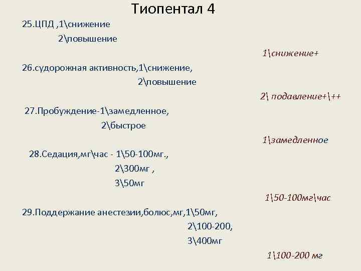 25. ЦПД , 1снижение 2повышение Тиопентал 4 1снижение+ 26. судорожная активность, 1снижение, 2повышение 2