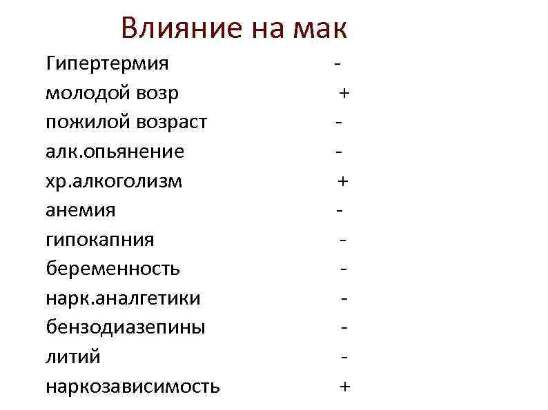 Влияние на мак Гипертермия молодой возр пожилой возраст алк. опьянение хр. алкоголизм анемия гипокапния