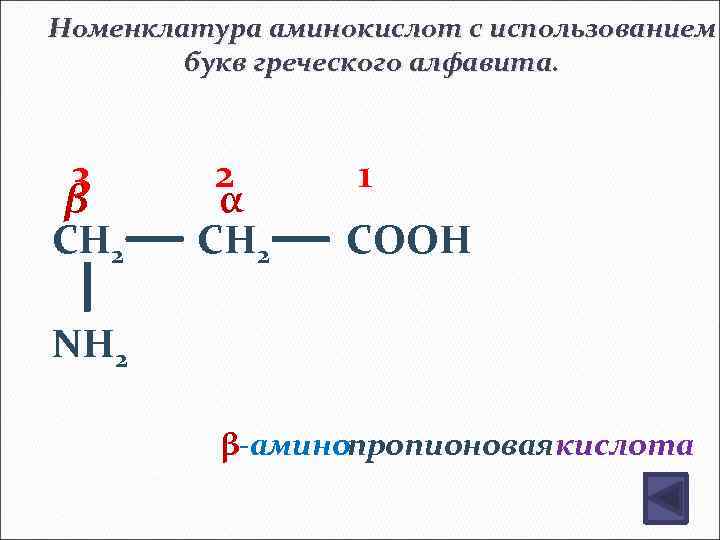 Номенклатура аминокислот с использованием букв греческого алфавита. 3 β CH 2 2 α CH