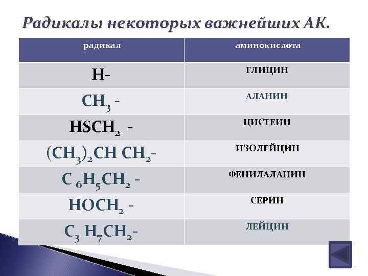 Радикалы некоторых важнейших АК. радикал аминокислота Н- ГЛИЦИН СН 3 - АЛАНИН НSCH 2