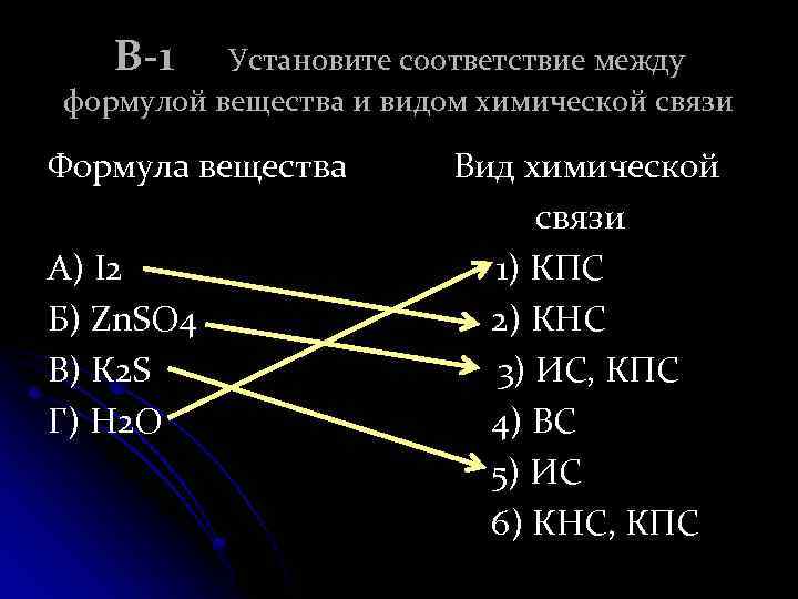 В-1 Установите соответствие между формулой вещества и видом химической связи Формула вещества А) I