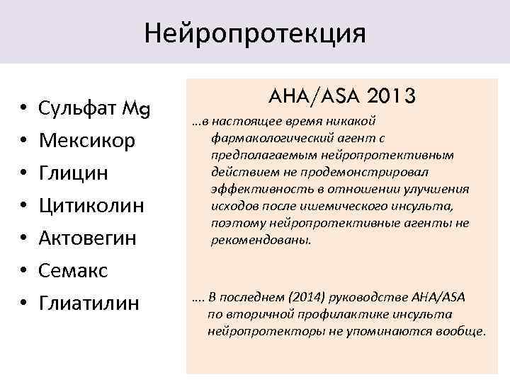 Нейропротекция • • Сульфат Mg Мексикор Глицин Цитиколин Актовегин Семакс Глиатилин AHA/ASA 2013 …в