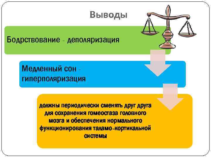 Выводы Бодрствование - деполяризация Медленный сон гиперполяризация должны периодически сменять друга для сохранения гомеостаза