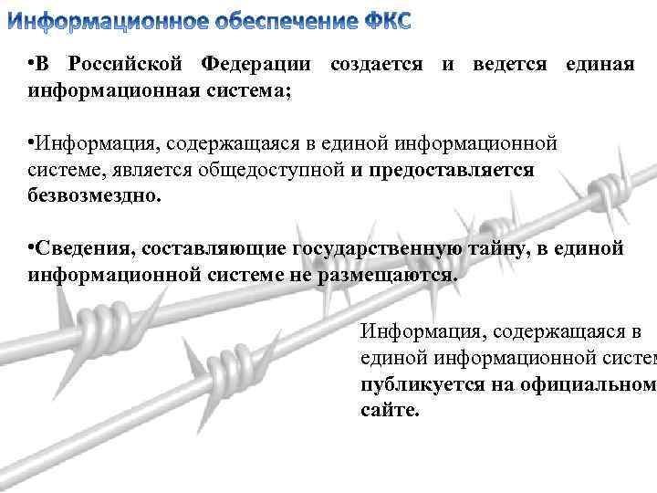  • В Российской Федерации создается и ведется единая информационная система; • Информация, содержащаяся