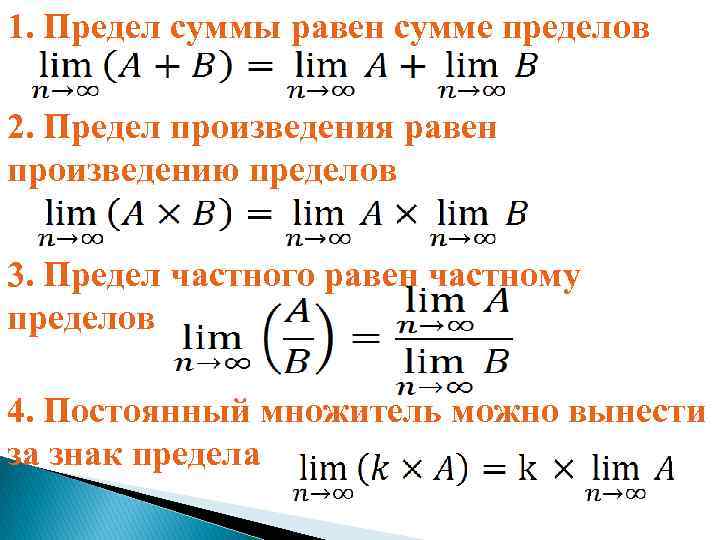 Предел единицы. Предел суммы. Предел суммы равен сумме пределов. Предел суммы произведения и частного. Произведение пределов равно пределу произведений.