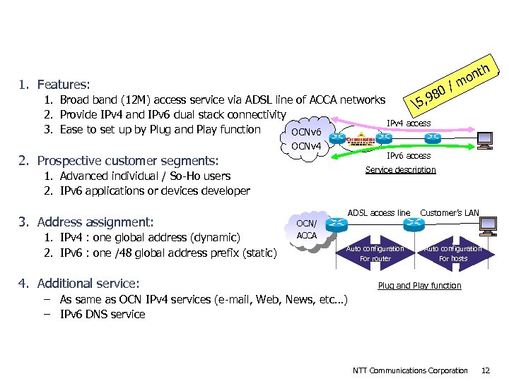 OCN IPv 6/IPv 4 Dual ADSL Service outline 1. Features: 0 , 98 1.