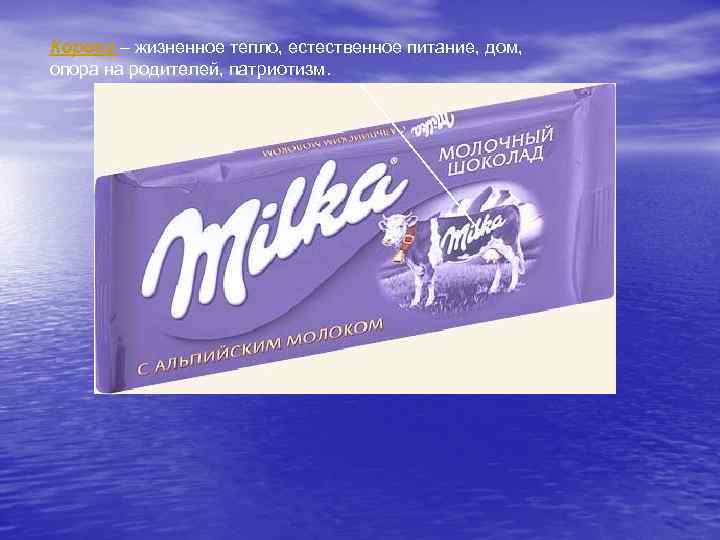Корова – жизненное тепло, естественное питание, дом, опора на родителей, патриотизм. 