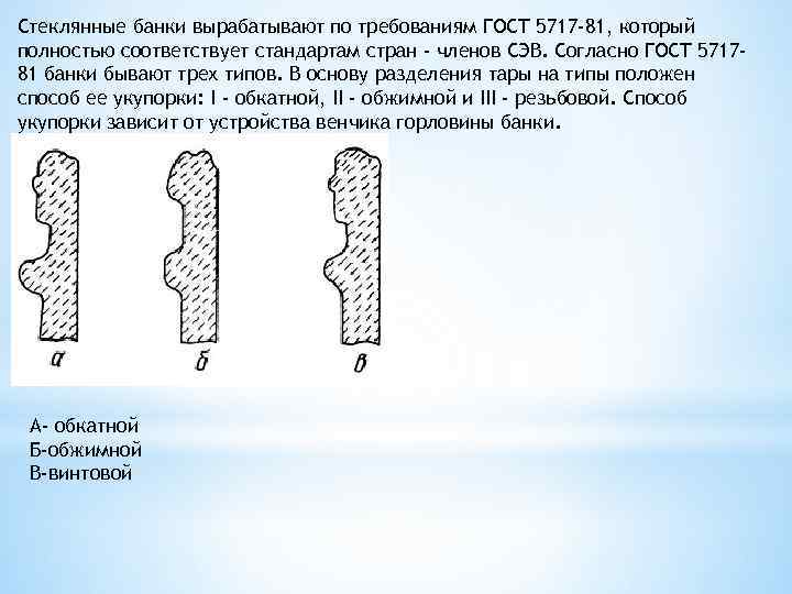 Стеклянные банки вырабатывают по требованиям ГОСТ 5717 -81, который полностью соответствует стандартам стран -