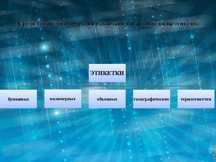 Среди такого многообразия различают следующие виды этикеток: ЭТИКЕТКИ бумажные полимерные объемные голографические термоэтикетки 