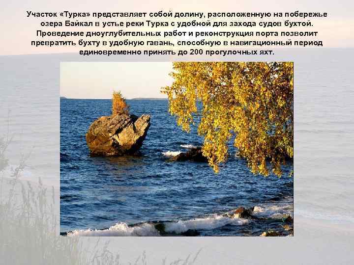 Участок «Турка» представляет собой долину, расположенную на побережье озера Байкал в устье реки Турка