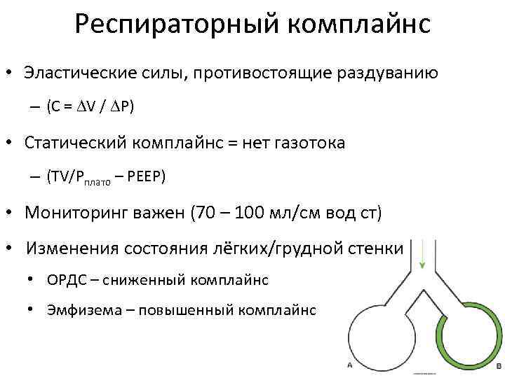 Респираторный комплайнс • Эластические силы, противостоящие раздуванию – (C = V / P) •