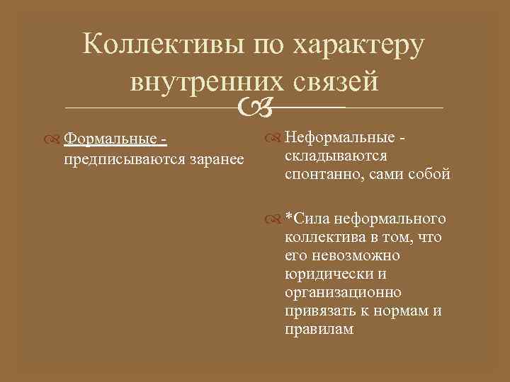 Коллективы по характеру внутренних связей Формальные предписываются заранее Неформальные складываются спонтанно, сами собой *Сила