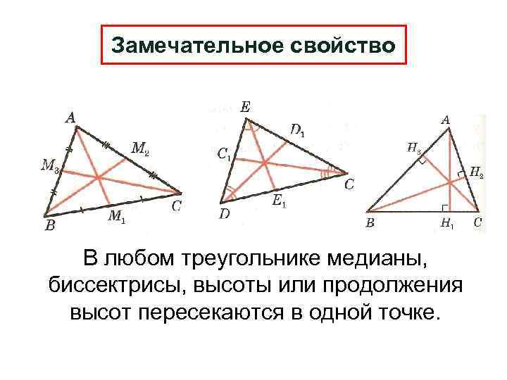 Замечательное свойство В любом треугольнике медианы, биссектрисы, высоты или продолжения высот пересекаются в одной