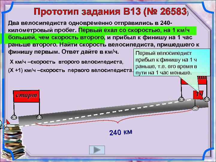 Прототип задания B 13 (№ 26583) Два велосипедиста одновременно отправились в 240 километровый пробег.