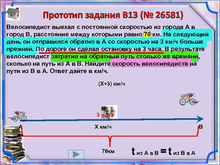 Прототип задания B 13 (№ 26581) Велосипедист выехал с постоянной скоростью из города А