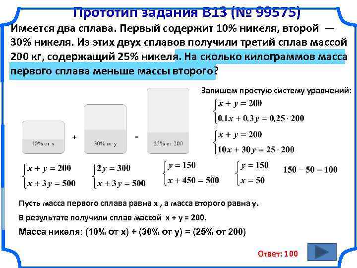 Прототип задания B 13 (№ 99575) Имеется два сплава. Первый содержит 10% никеля, второй