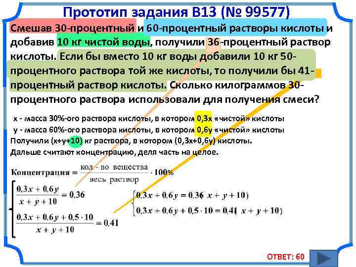 Прототип задания B 13 (№ 99577) Смешав 30 -процентный и 60 -процентный растворы кислоты