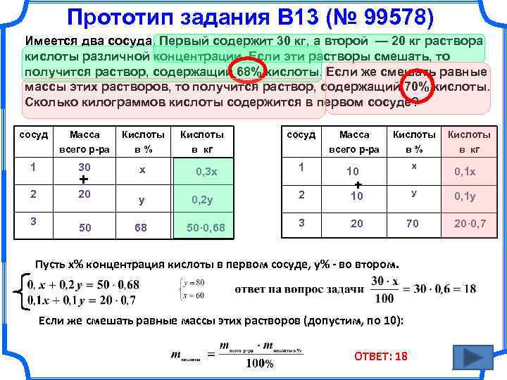 Прототип задания B 13 (№ 99578) Имеется два сосуда. Первый содержит 30 кг, а