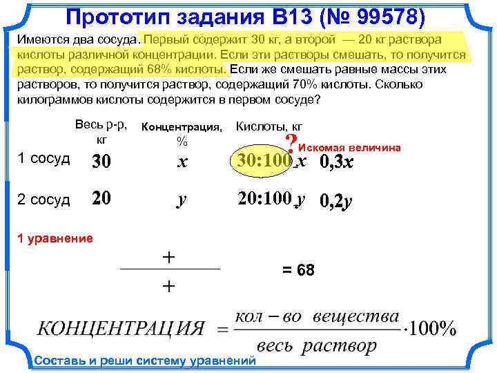 Прототип задания B 13 (№ 99578) Имеются два сосуда. Первый содержит 30 кг, а