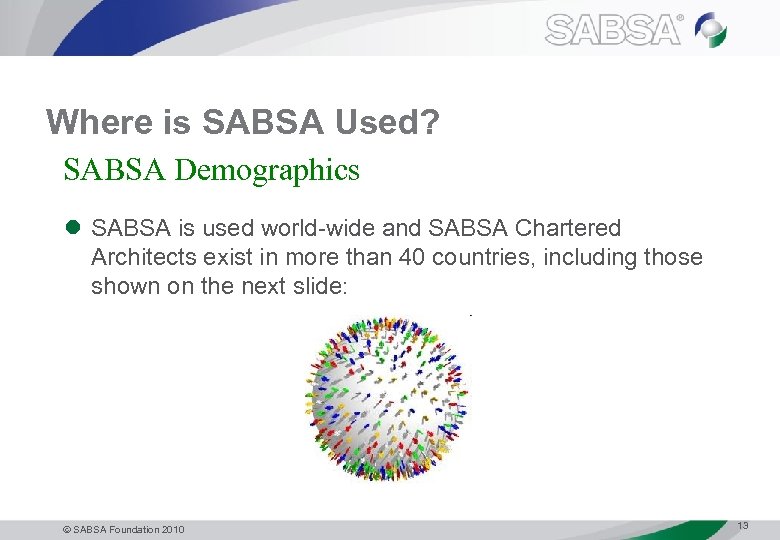 Where is SABSA Used? SABSA Demographics l SABSA is used world-wide and SABSA Chartered