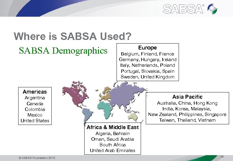 Where is SABSA Used? SABSA Demographics Europe Belgium, Finland, France Germany, Hungary, Ireland Italy,