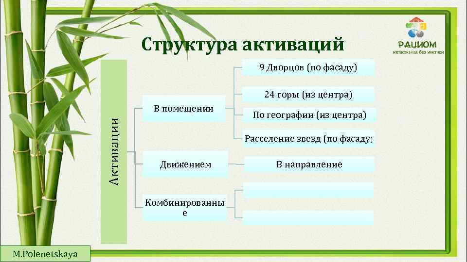 Структура активаций 9 Дворцов (по фасаду) 24 горы (из центра) Активации В помещении Расселение
